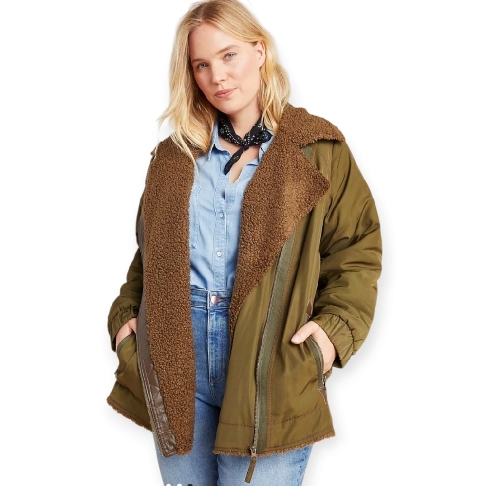 By Anthropologie Sherpa Lined Parka Jacket Aviator, Moto, Chore Coat Small